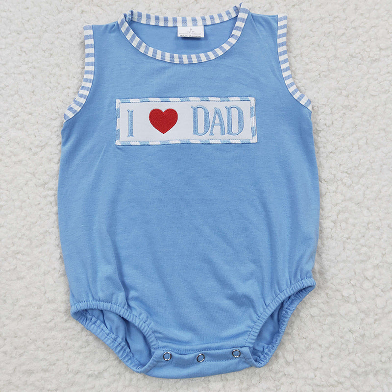 Baby Boy Girl Kids Embroidery I Love Dad Sibling Blue Romper Dress Set RTS