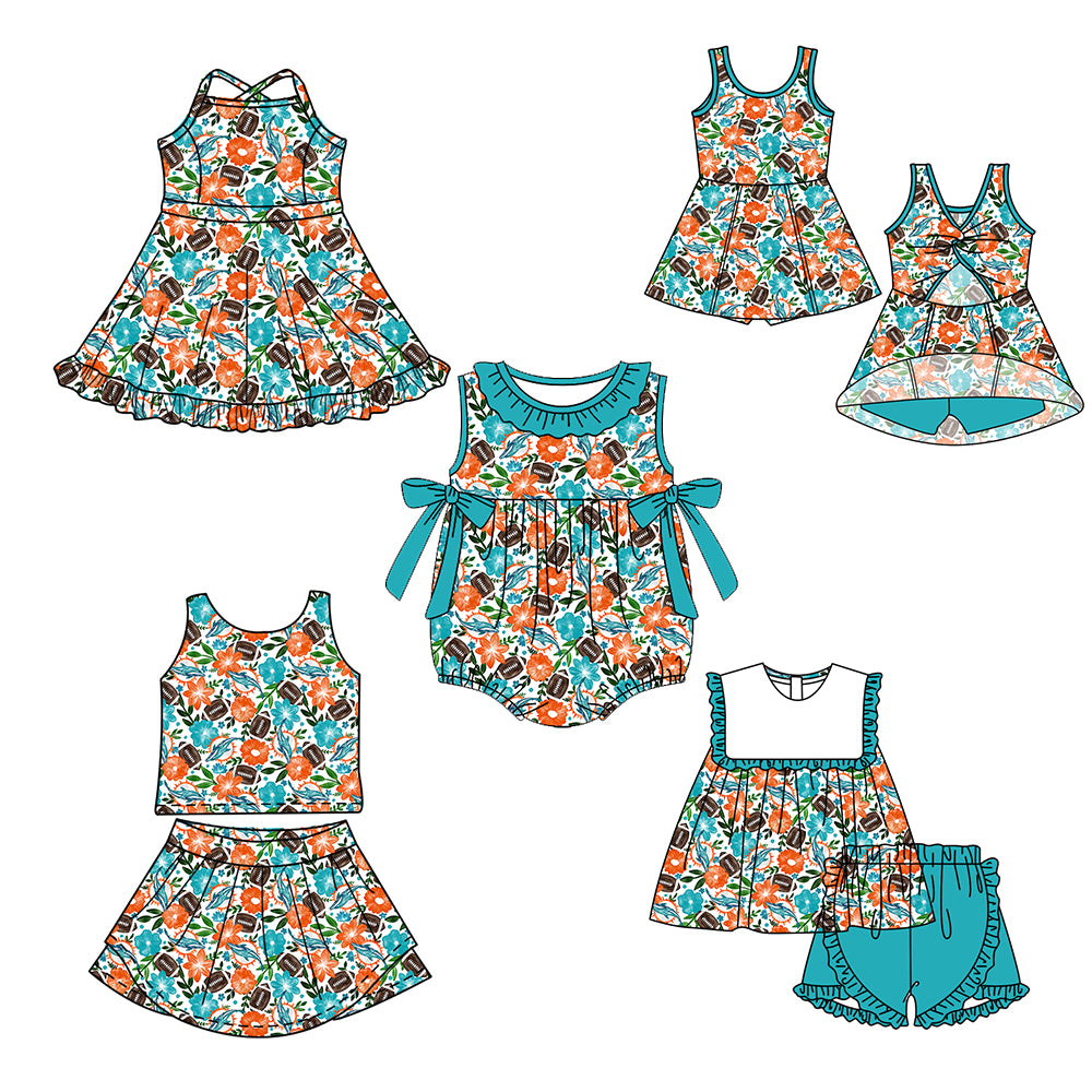 ( Moq 5 Each Style ) Baby Girls Kids Sleeveless Football Flower Bows Sibling Romper Dresses Sets