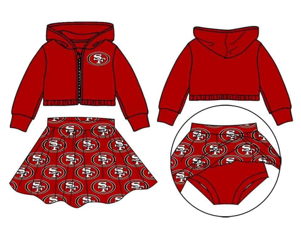 Baby Girl Red Hoodie Zipper Tops Skirt With Shorts Clothes Team Set moq 5