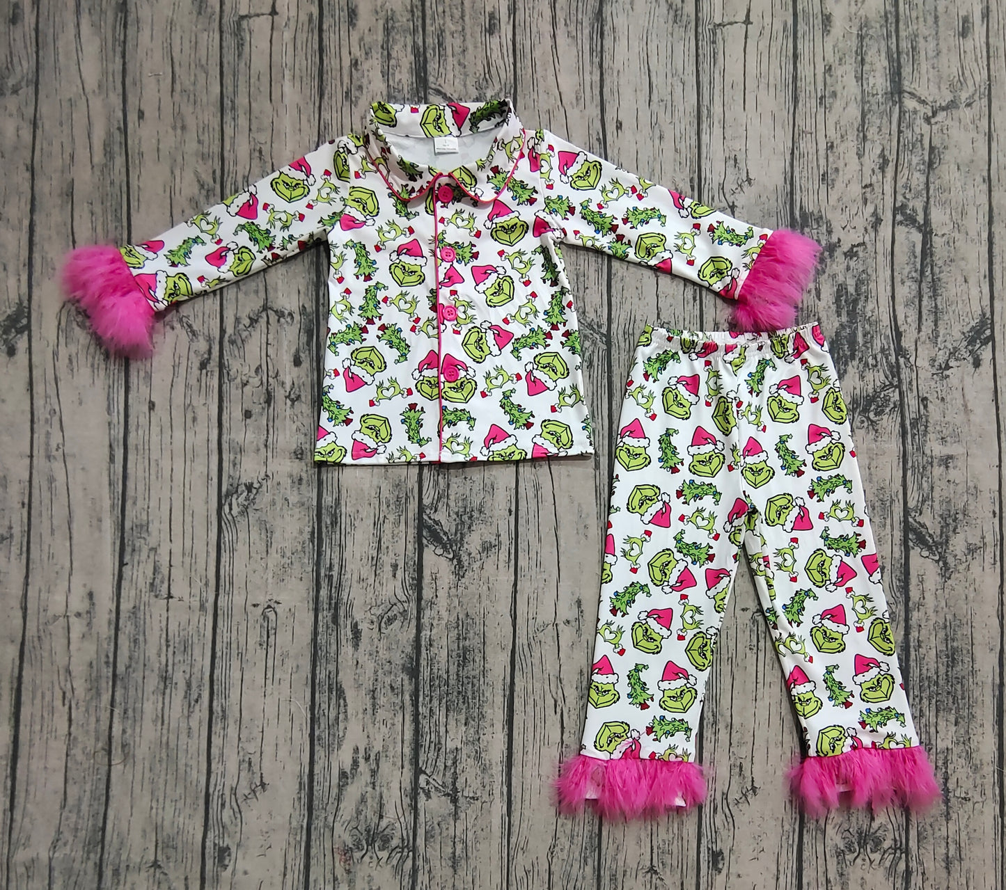 Baby Girl Fur Long Sleeves Green Face Buttons Shirt Pants Christmas Pajamas Set RTS