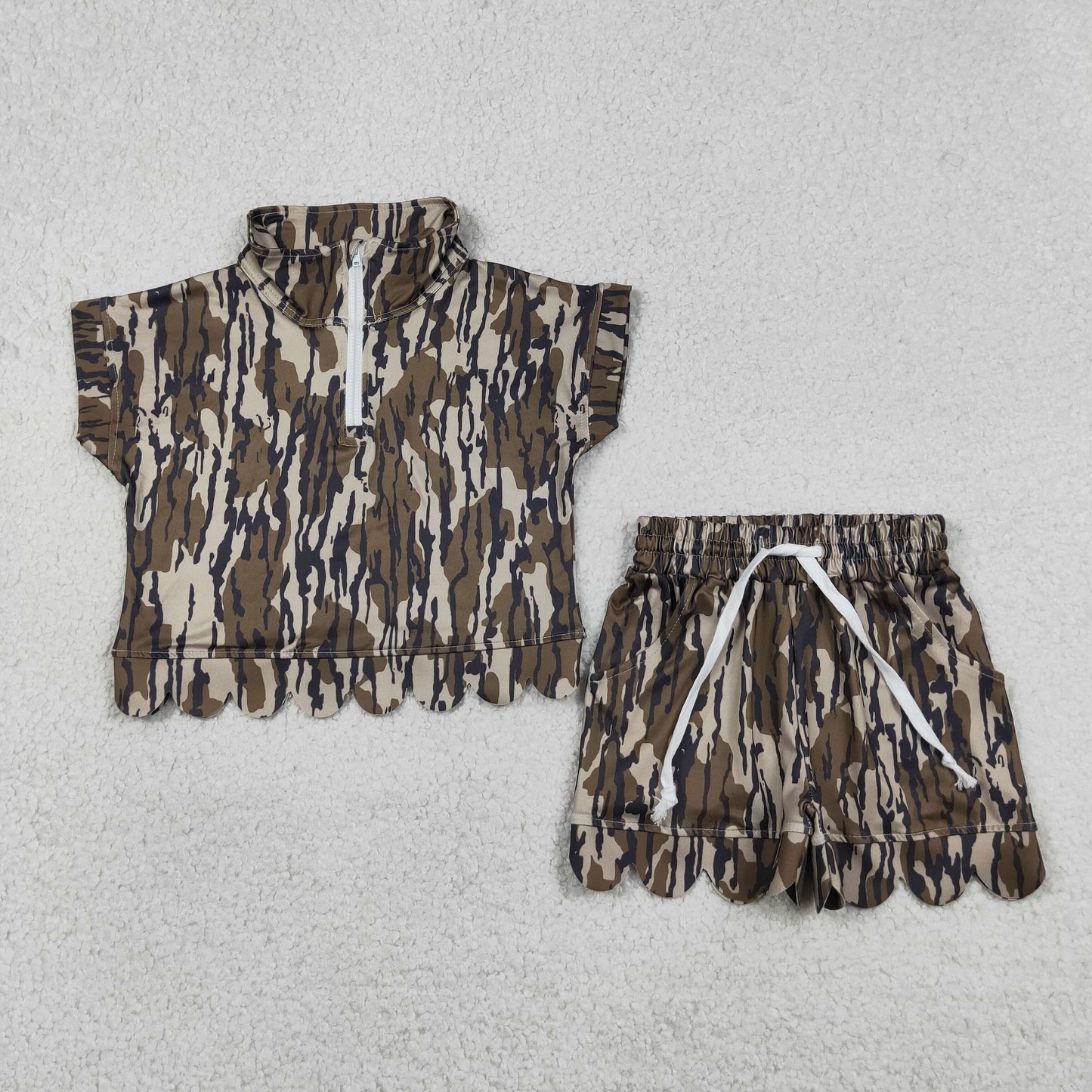 Baby Girls Kids Short Sleeves Olive Camo Zipper Shirt Scallop Shorts Set Clothes RTS