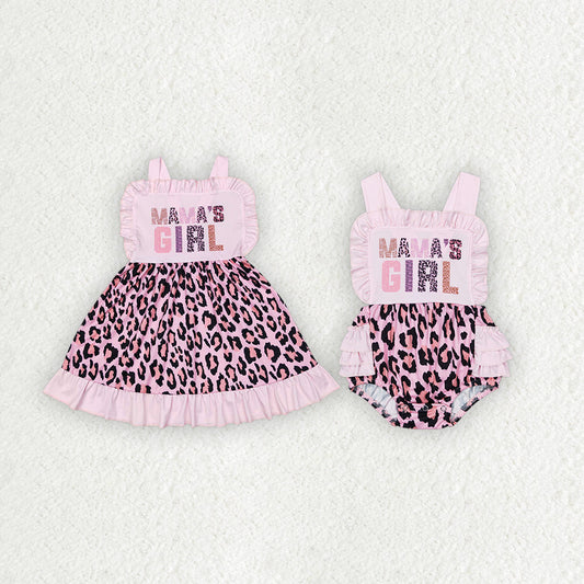 Baby Kids Sleeveless Mama's Girl Leopard Sibling Pink Romper Clothes Dress