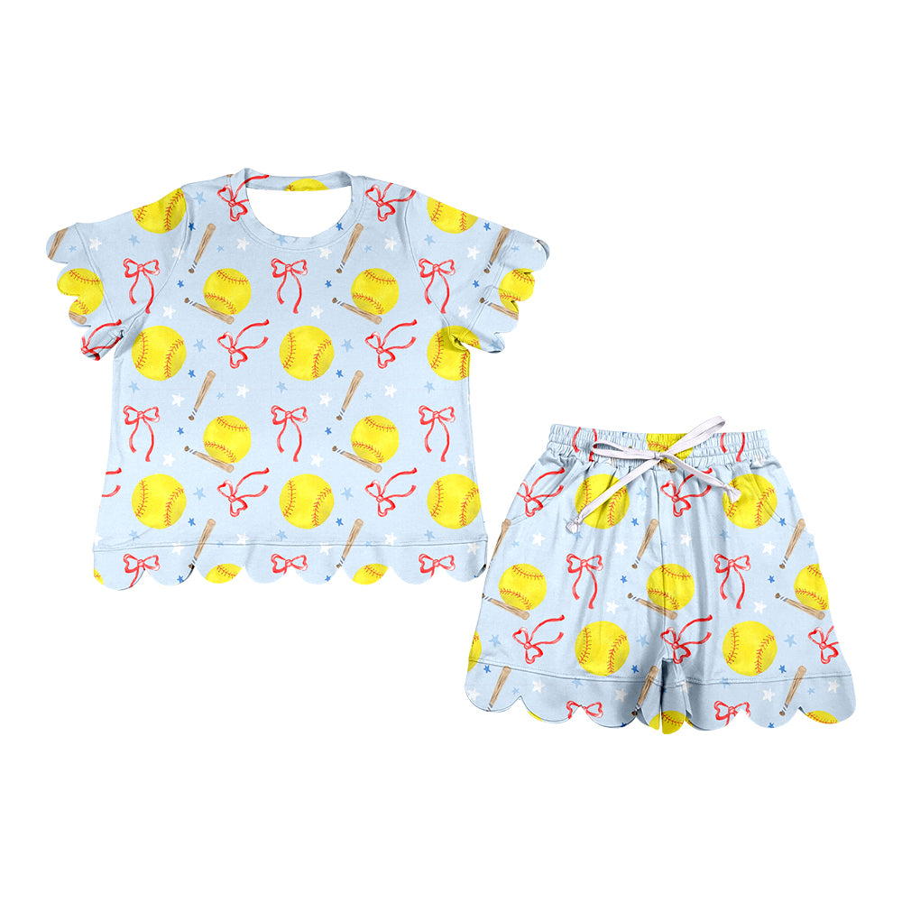 ( Moq 5 ) Preorder Adult Women Short Sleeves Softball Bows Scallop Shirt Shorts Clothes Blue Set