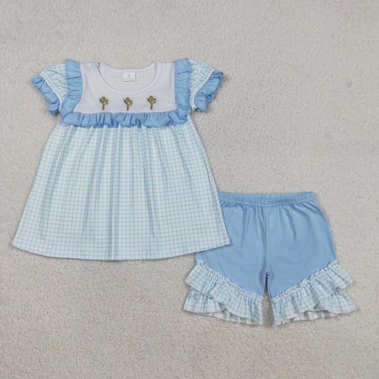 Baby Girls Kids Short Sleeves Embroidery Flower Crosses Plaid Tunic Blue Shorts Easter Set RTS