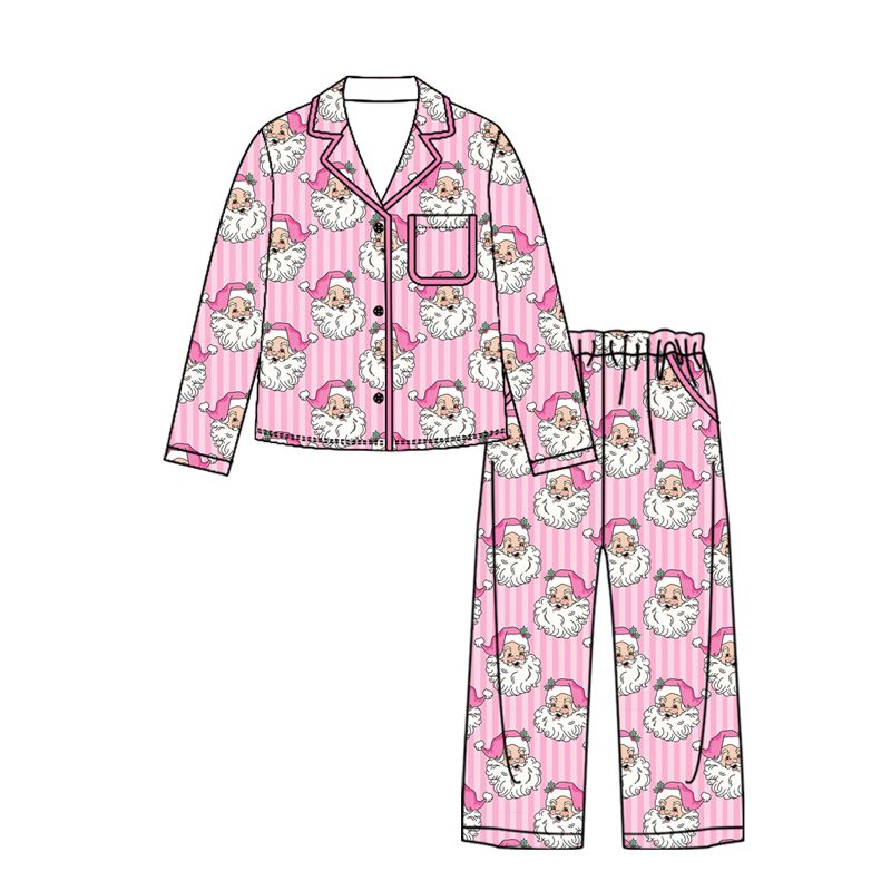 ( Moq 5 ) Preorder Adult Women Christmas Santa Pink Stripes Buttons Shirt Pockets Pants Pajamas Set Clothes