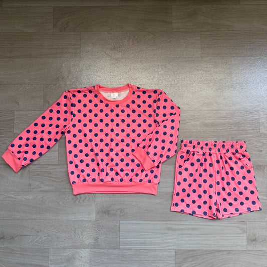 ( No moq ) Preorder Baby Girls Kids Pink Long Sleeves Navy Dots Shirt Pockets Shorts Set Clothes