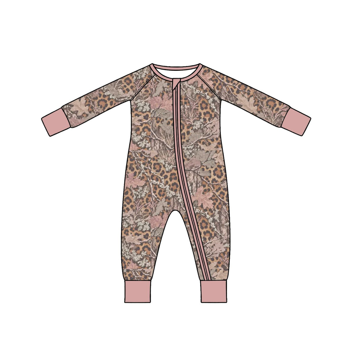 ( Moq 5 ) Preorder Baby Girls Infant Long Sleeves Leaves Leopard Zipper Footie Romper Clothes
