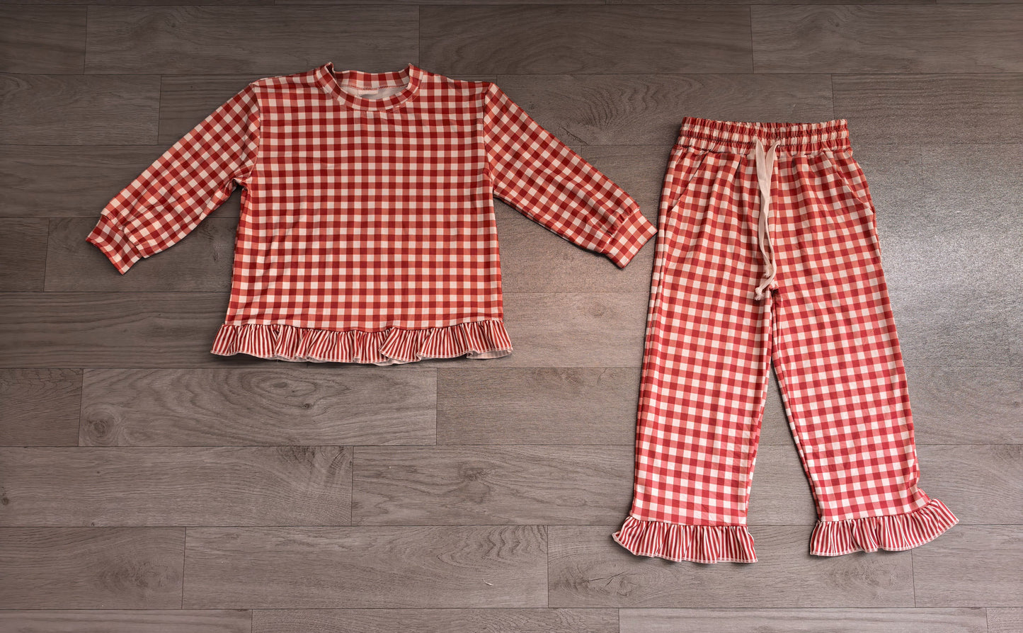 ( No moq ) Preorder Baby Girls Kids Long Sleeves Red Plaid Shirt Ruffle Pants Set Clothes