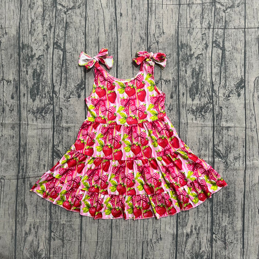 ( No moq ) Preorder Baby Girls Kids Straps Strawberry Bows Ruffle Knee Length Dress