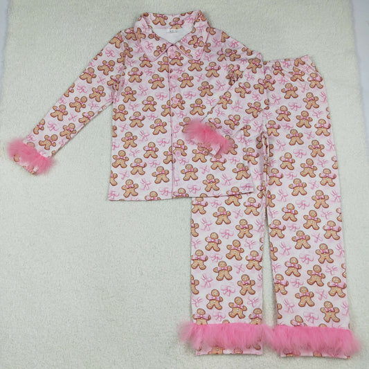 Adult Woman Pink Fur Long Sleeves Gingerbread Bows Buttons Shirt Pants Christmas Pajamas Set RTS
