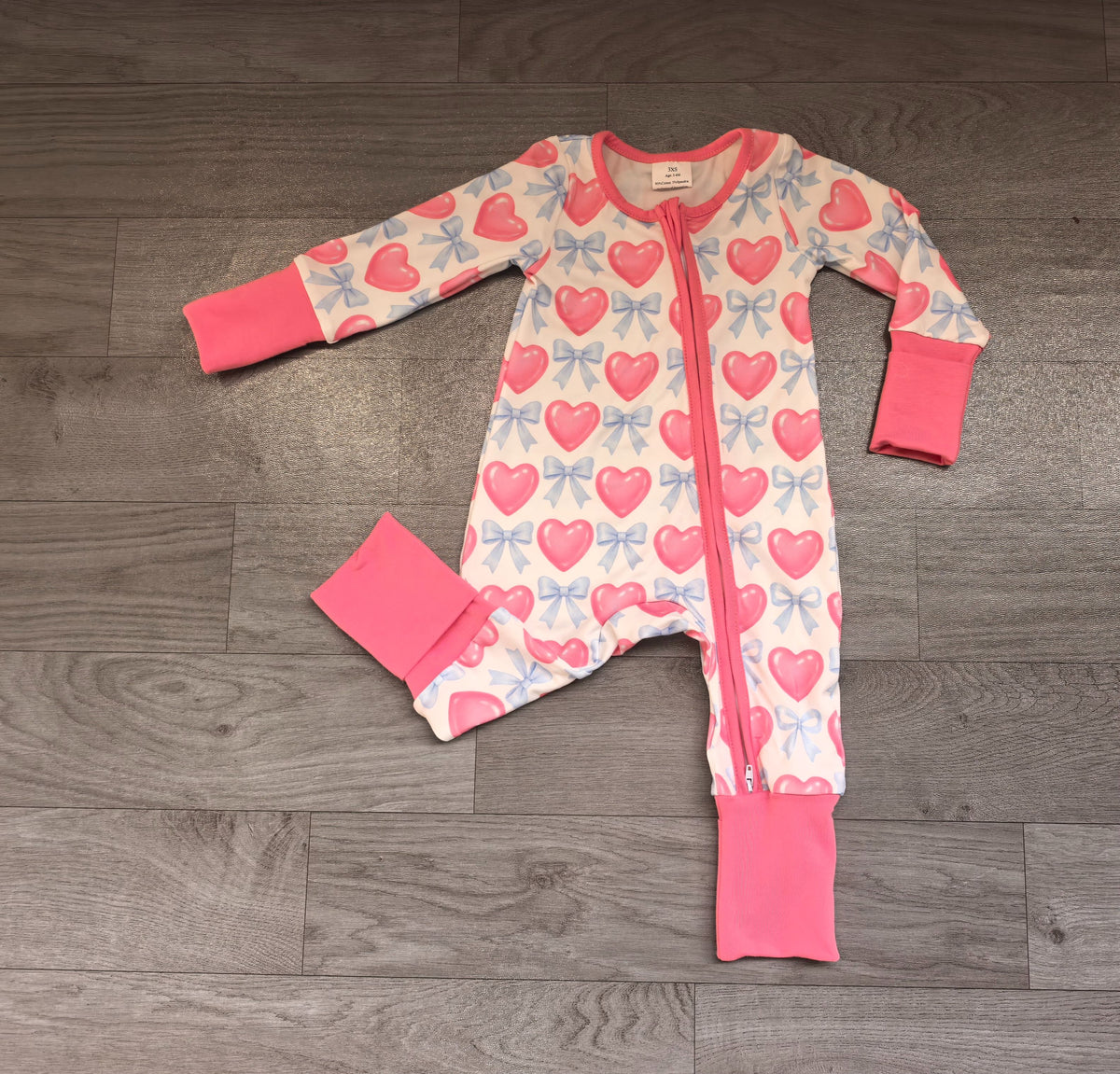 ( No moq ) Preorder Baby Girls Hearts Bows Zipper Sleeper Romper Valentine Clothes