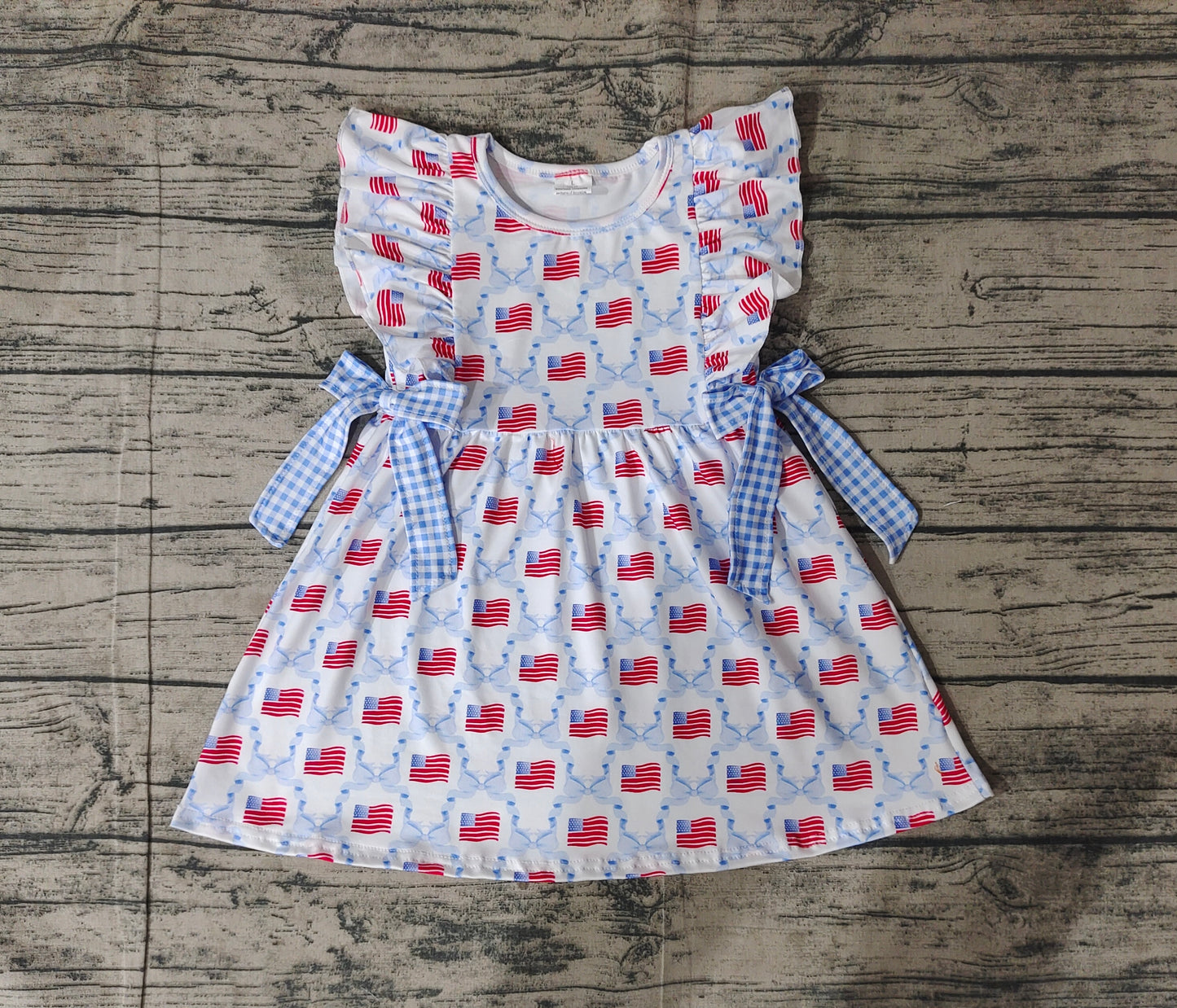 Baby Girl Short Sleeves Blue Bows Flag Knee Length July 4th Dress RTS