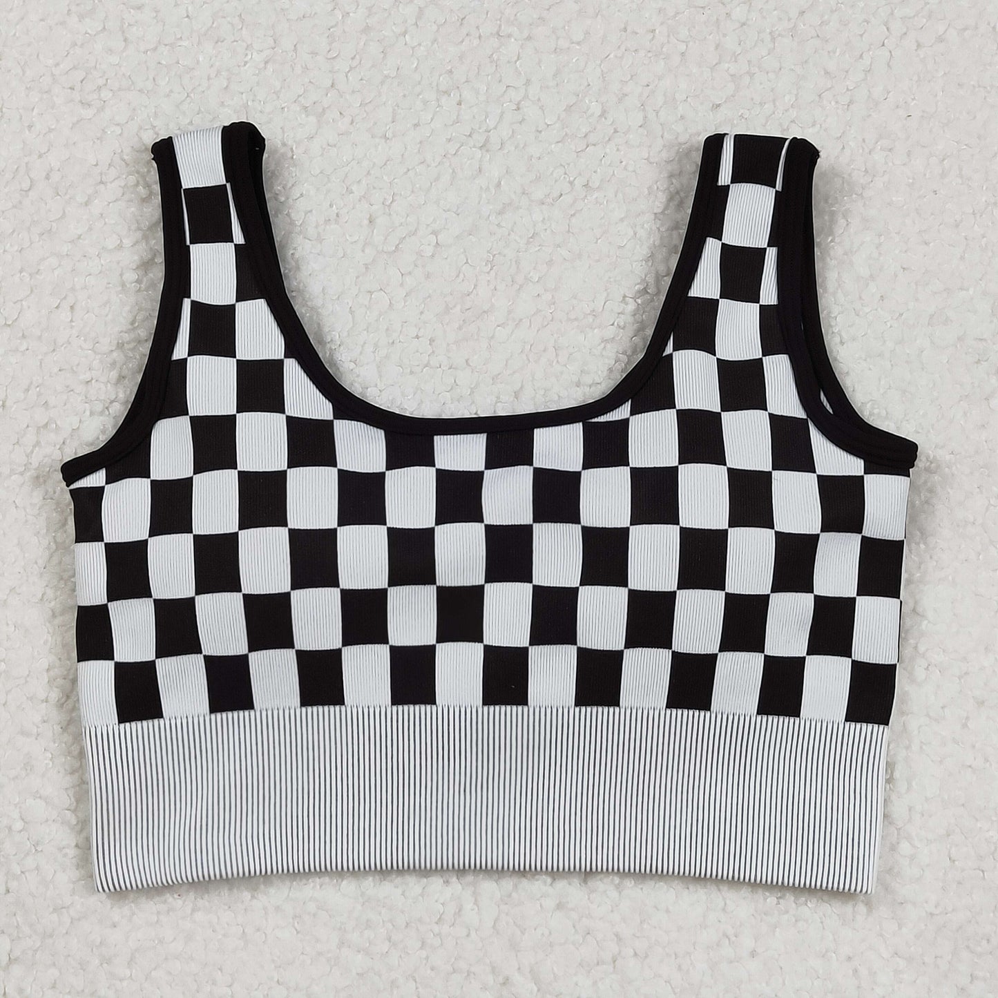 Adult Woman Sleeveless Black Checkered Knitted Yoga Tank Tops RTS