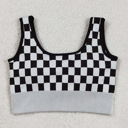 Adult Woman Sleeveless Black Checkered Knitted Yoga Tank Tops RTS