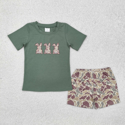 Baby Boy Short Sleeves Embroidery Rabbit Shirt Camo Shorts Clothes Easter Green Set