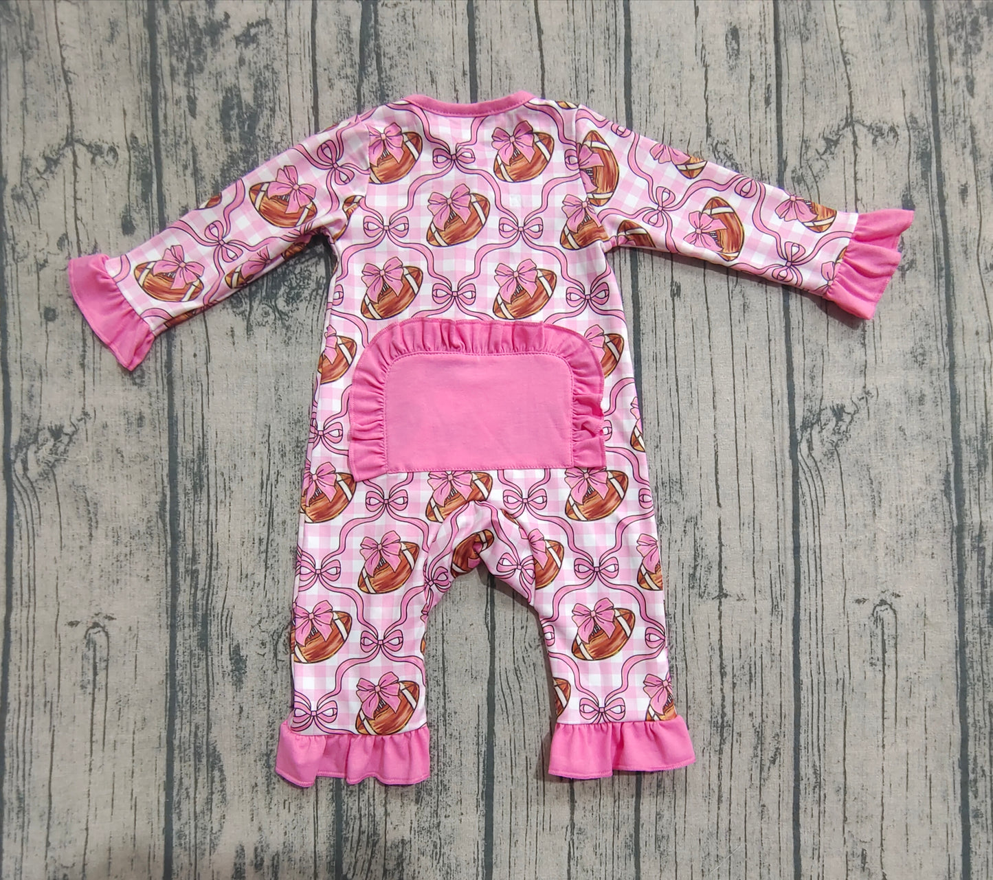Baby Girl Long Sleeves Football Bows Pink Checked Zipper Romper RTS