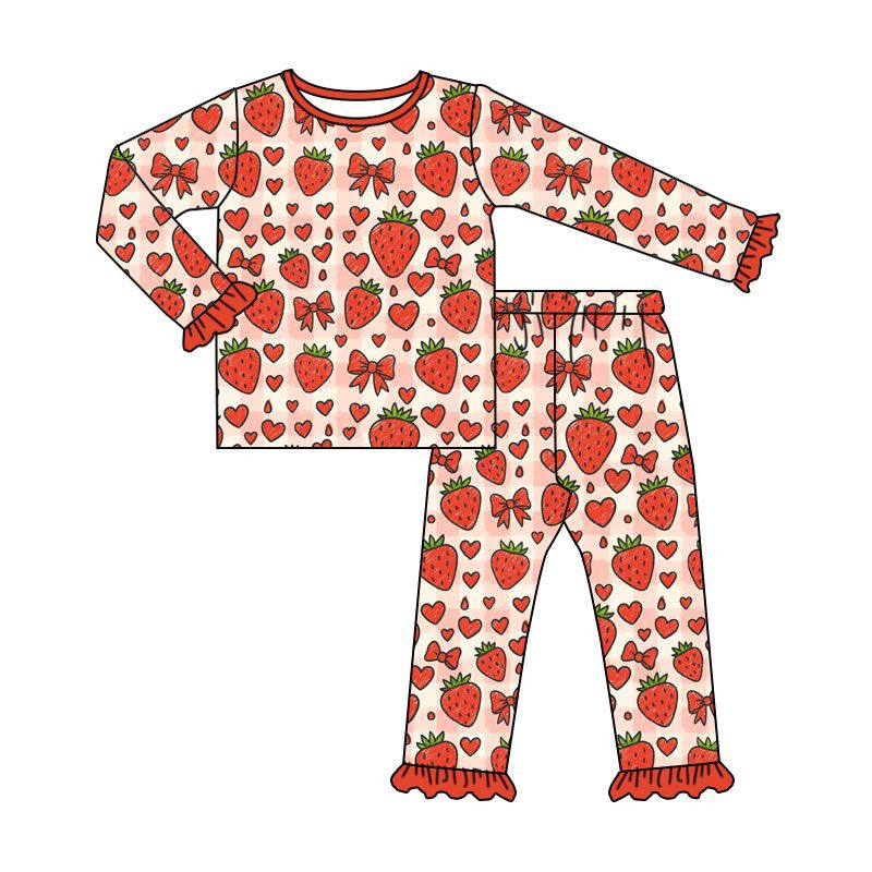 ( Moq 5 ) Preorder Baby Girls Kids Strawberry Bows Hearts Shirt Pants Pajamas Set Valentine Clothes