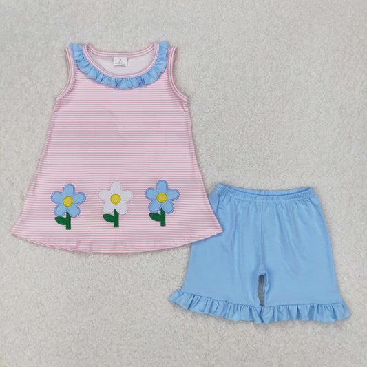 Baby Girl Pink Stripes Embroidery Flower Tunic Ruffle Shorts Clothes Set RTS