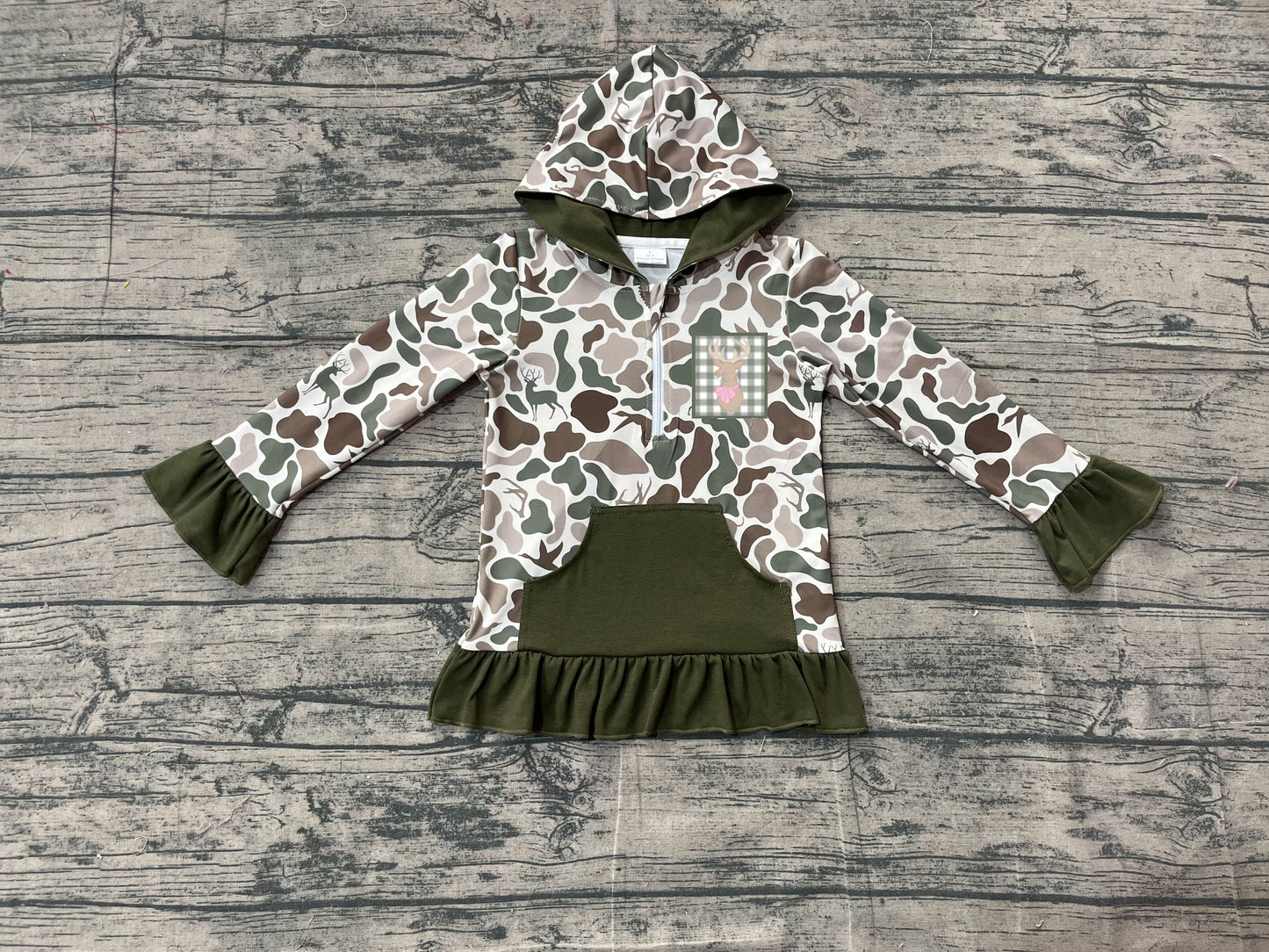 ( Moq 5 ) Preorder Baby Girl Long Sleeves Embroidery Deer Dog Duck Hoodie Zipper Green Camo Shirt