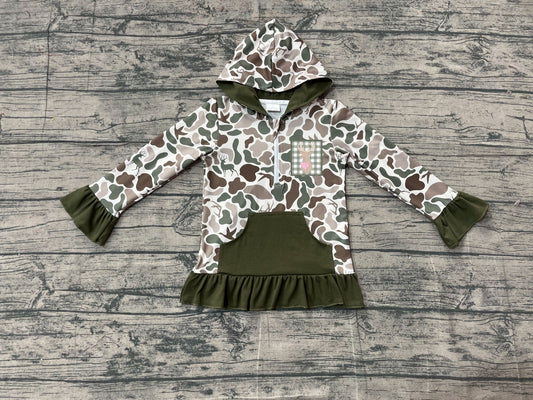 ( Moq 5 ) Preorder Baby Girl Long Sleeves Embroidery Deer Dog Duck Hoodie Zipper Green Camo Shirt