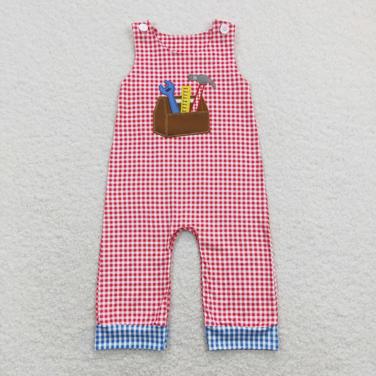 SR0822 Baby Kids Embroidery Tools Plaid Sleeveless One Piece Romper