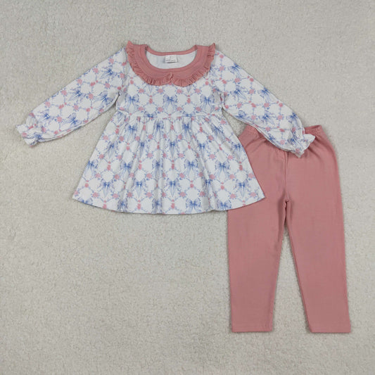 Girls Kids Long Sleeves Bows Floral Tunic Pink Pants Clothes Set RTS