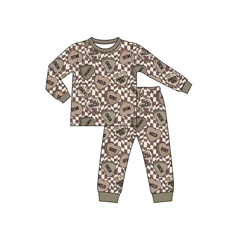 ( Moq 5 ) Preorder Baby Boys Kids Camo Hearts Checked Shirt Pants Set Valentine Pajamas Clothes