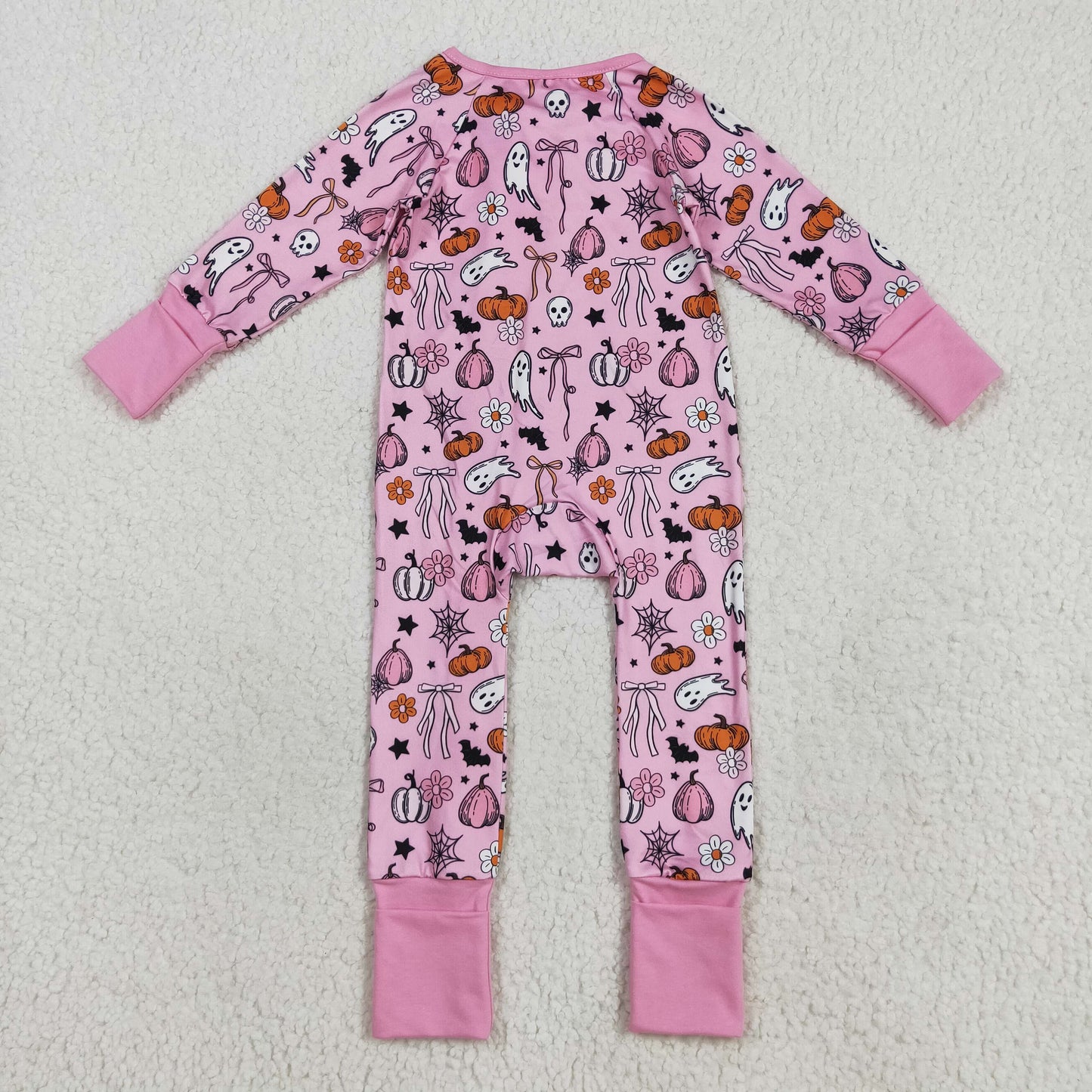 Baby Girl Long Sleeves Ghost Pumpkins Bows Flower Zipper Halloween Pink Romper RTS