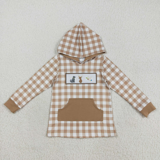 Baby Boy Long Sleeves Embroidery Dog Deer Fish Plaid Pocket Hoodie Shirt RTS