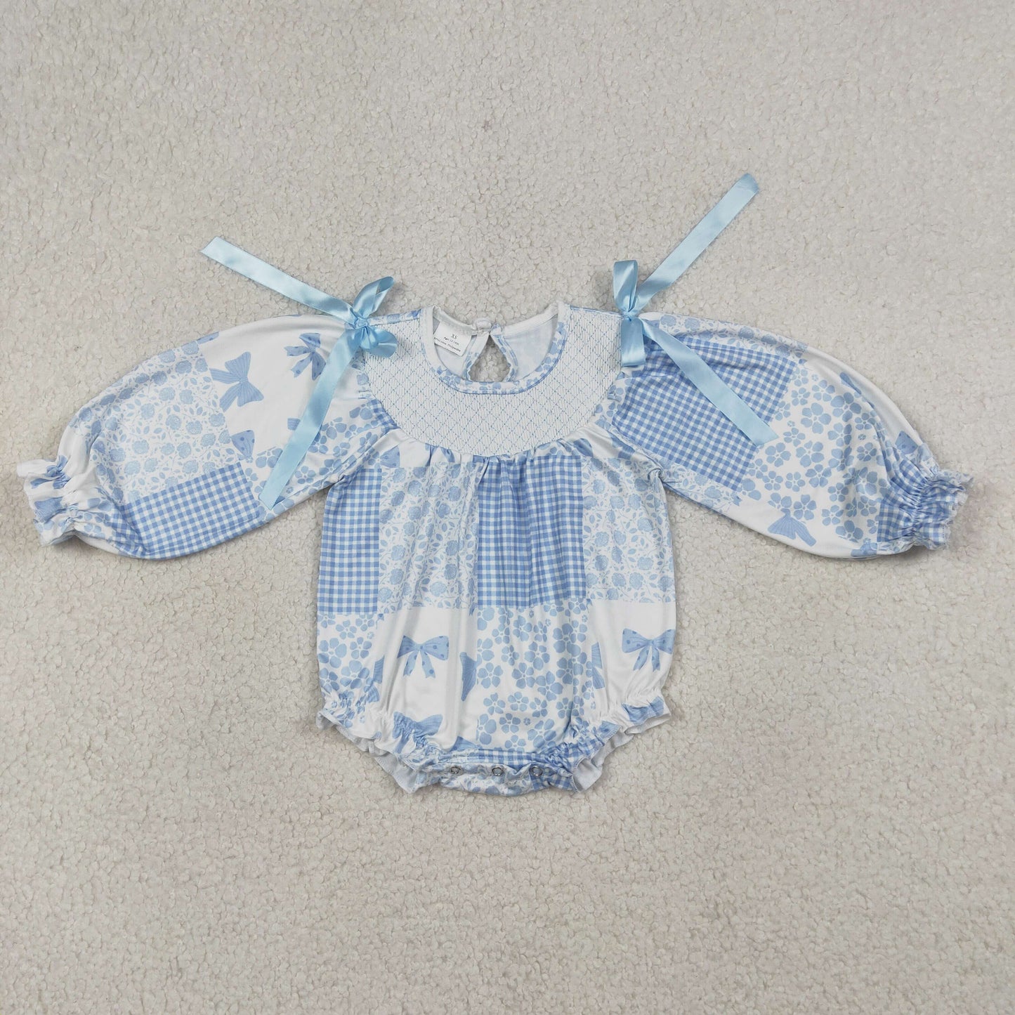 Baby Girls Kids Long Sleeves Embroidery Smocked Blue Bows Flower Bubble Romper RTS