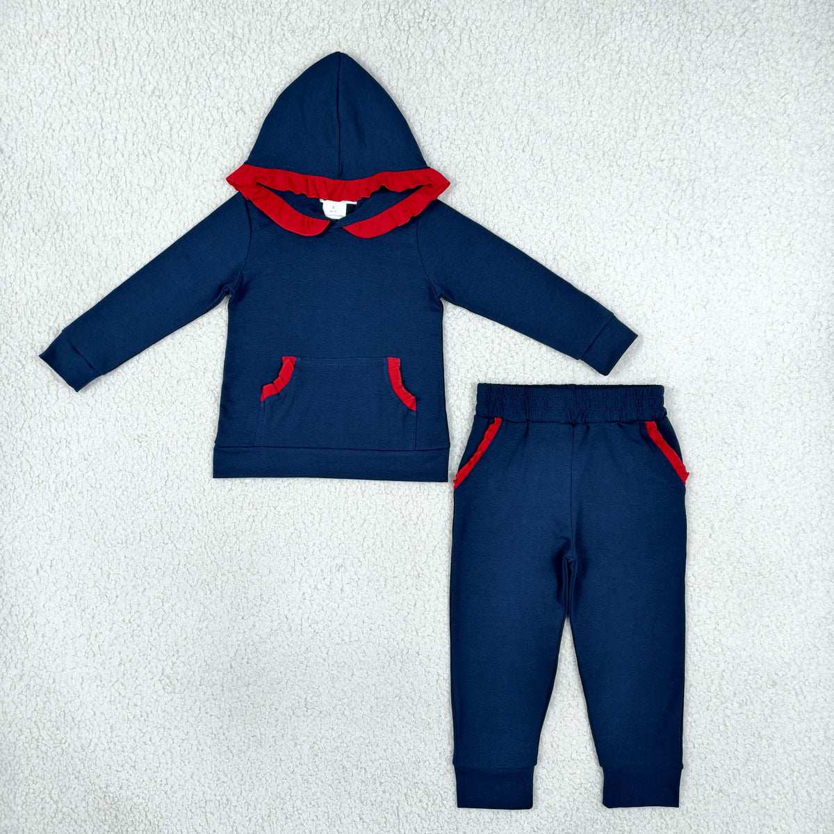 Baby Girls Kids Red Ruffle Hoodie Pullover Pockets Pants Navy Set Cotton Clothes RTS