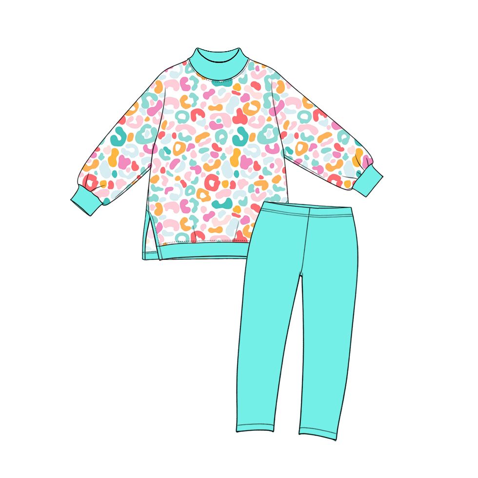 ( Moq 5 ) Preorder Baby Girls Toddler Colorful Leopard Tops Leggings Yoga Active Set Mock Neck Clothes