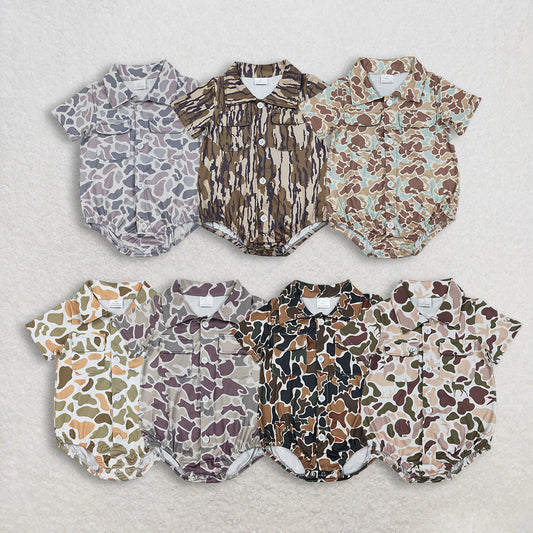 Sibling Baby Boys Infant Short Sleeves Camo Print Pockets Hunting Buttons Bubble Rompers RTS