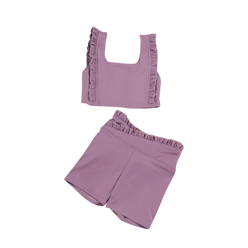 ( Moq 5 ) Preorder Baby Girls Kids Sleeveless Purple Tops Ruffle Shorts Set Yoga Active Clothes