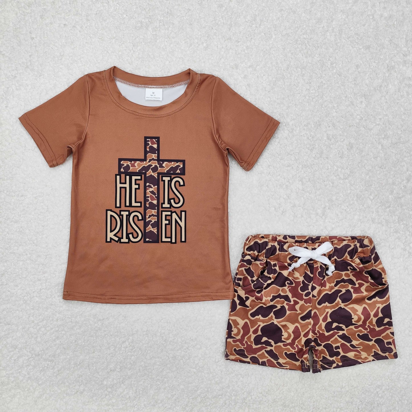 Baby Boy Kids Short Sleeves He Is Risen Cross Shirt Camo Shorts Clothes Summer Set