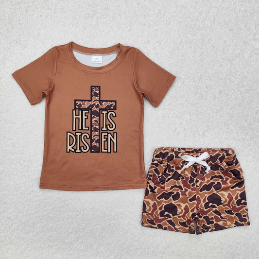 Baby Boy Kids Short Sleeves He Is Risen Cross Shirt Camo Shorts Clothes Summer Set