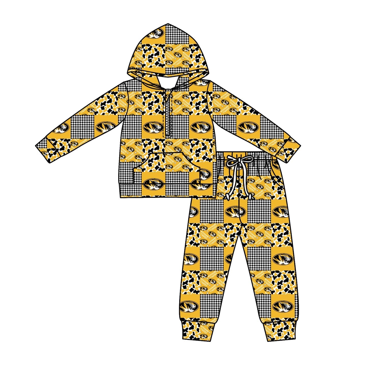 ( Moq 5 ) Baby Kids Long Sleeves Zipper Tiger Pullover Pockets Camo Plaid Pants Team Clothes Set