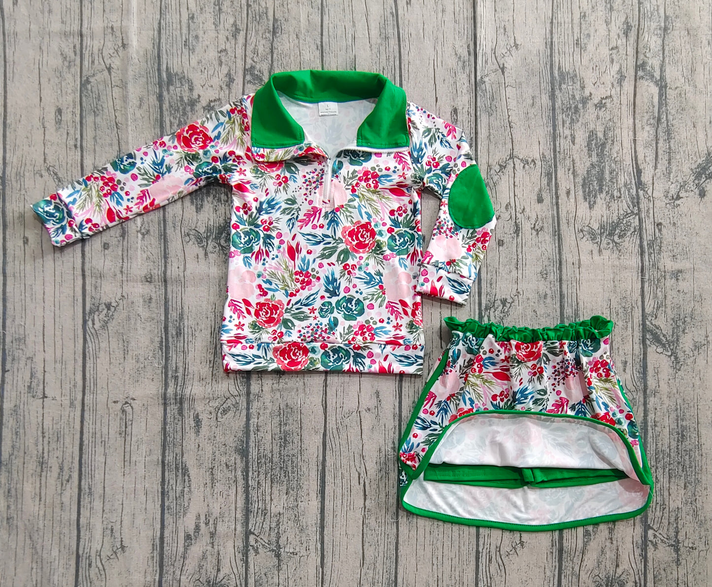 Baby Girl Long Sleeves Christmas Flower Zipper Tops Skirts Set RTS