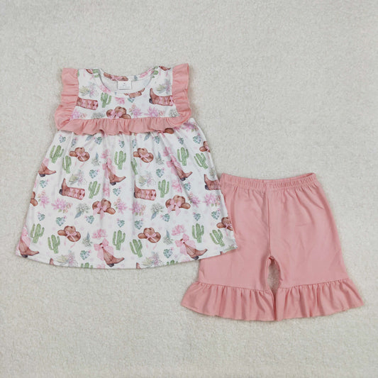 Baby Girl Short Sleeves Western Bows Boots Castus Flower Tunic Ruffle Shorts Set RTS