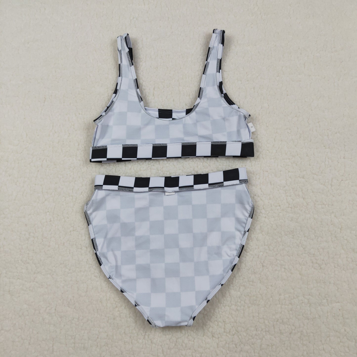 Adult Women Sleeveless Black Checked Tops Shorts Swimsuit Set RTS