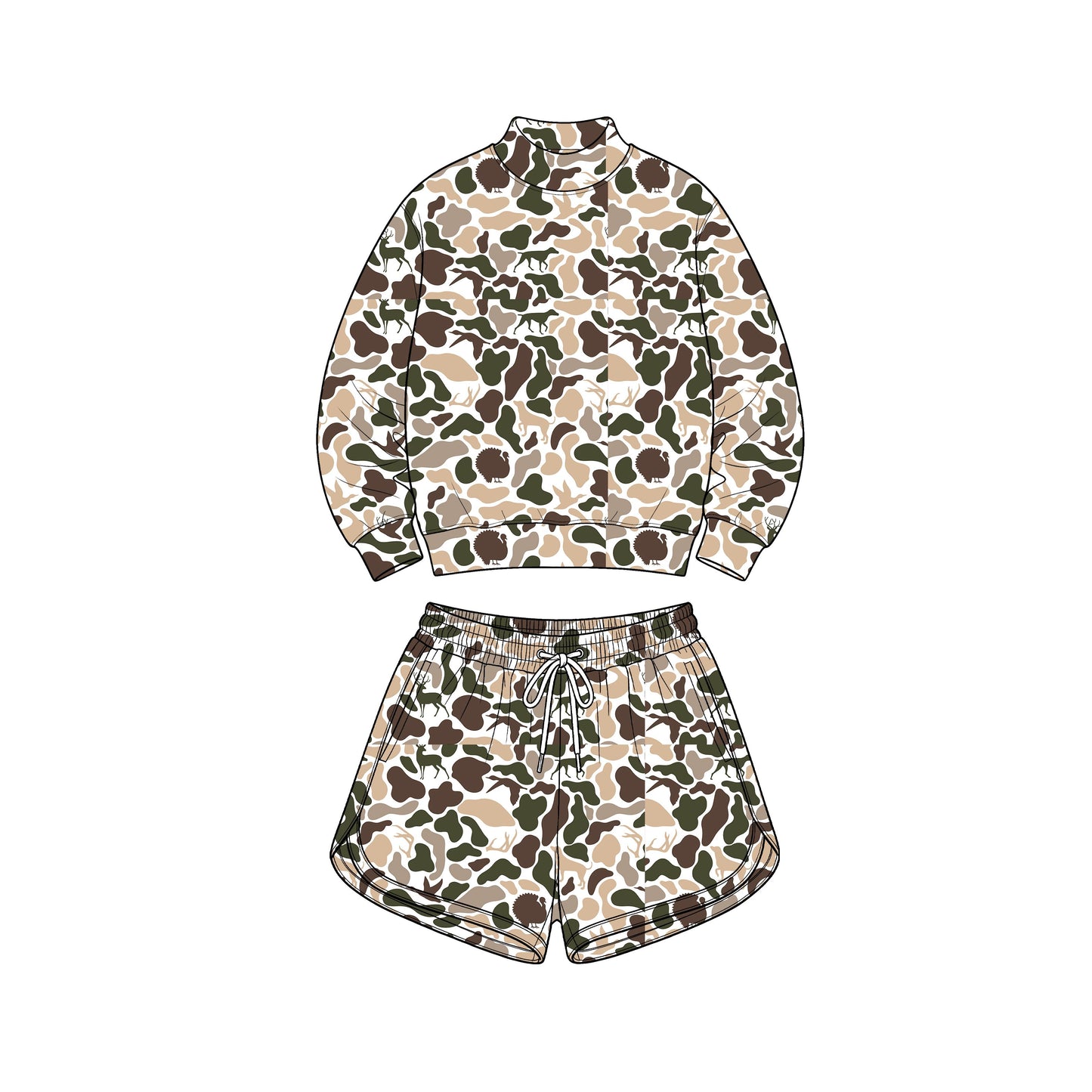 ( No moq ) Preorder Adult Women Ducks Deer Dogs Shirt Pockets Camo Shorts Yoga Active Set Clothes