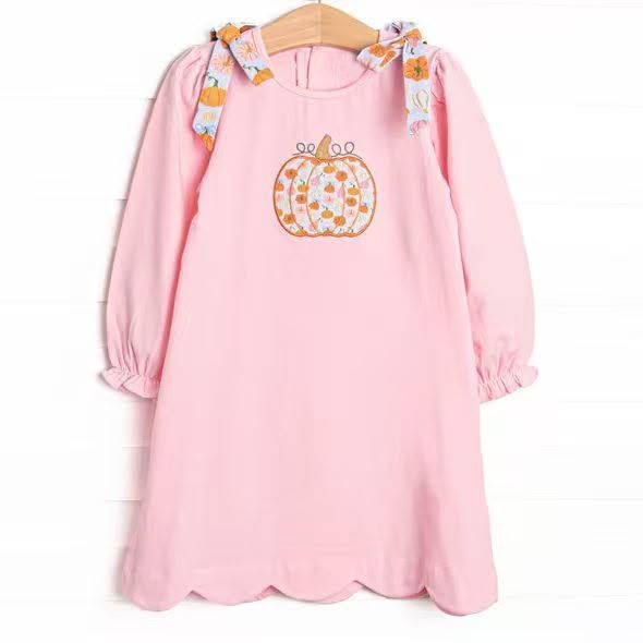 ( Moq 5 ) Preorder Baby Girls Kids Pumpkins Bows Knee Length Pink Dress Fall Clothes