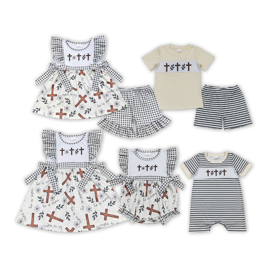 Baby Boy Girl Short Sleeves Embroidery Easter Cross Sibling Romper Dress Clothes Set