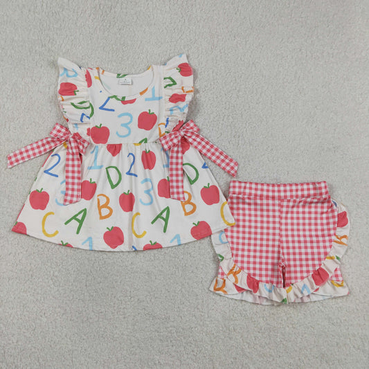 Baby Girls Kids Short Sleeves Apple Bows Tunic Plaid Ruffle Shorts Back to School Set RTS
