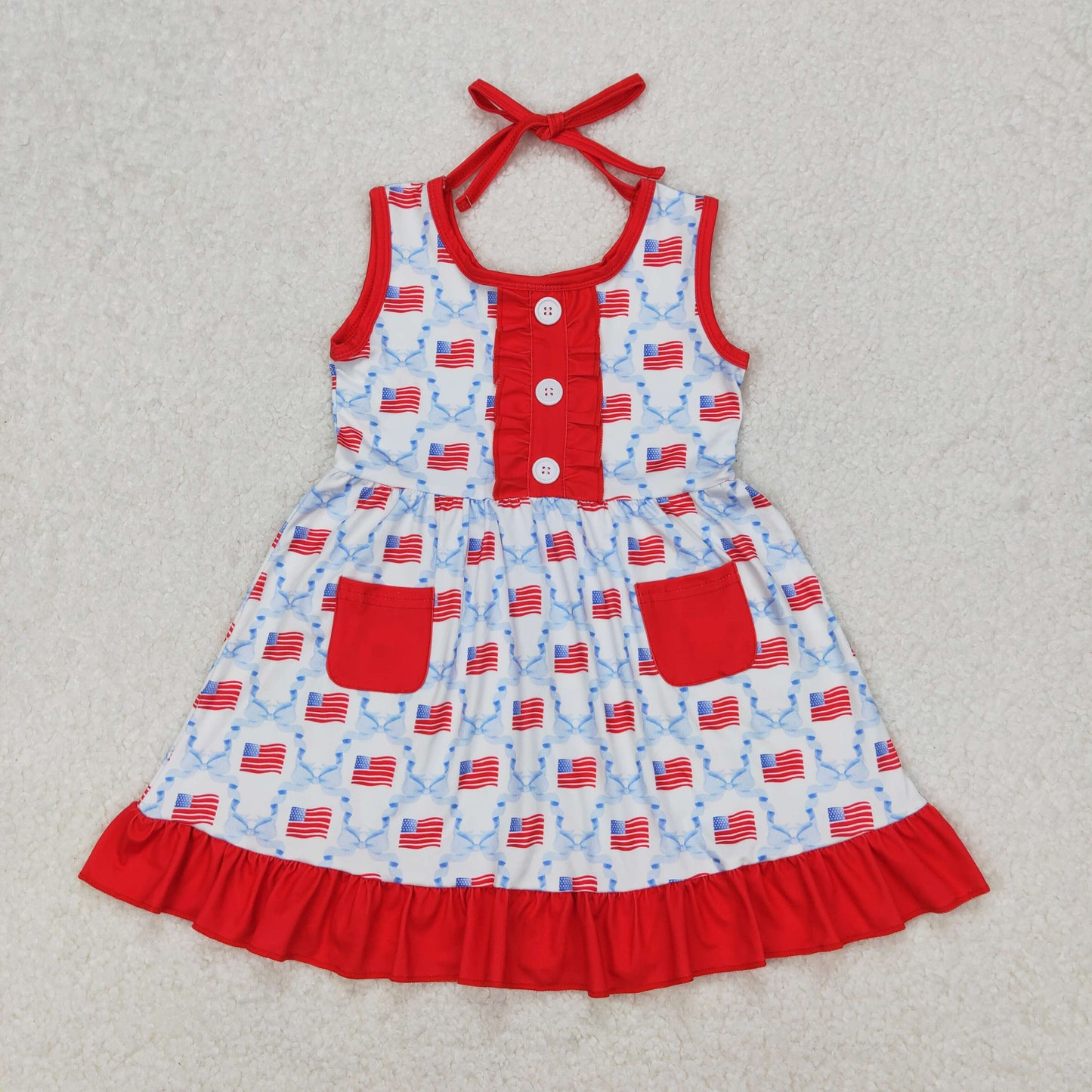 Baby Girl July 4th Flag Bows Pocket Knee Length Dress RTS