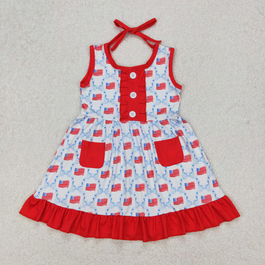 Baby Girl July 4th Flag Bows Pocket Knee Length Dress RTS