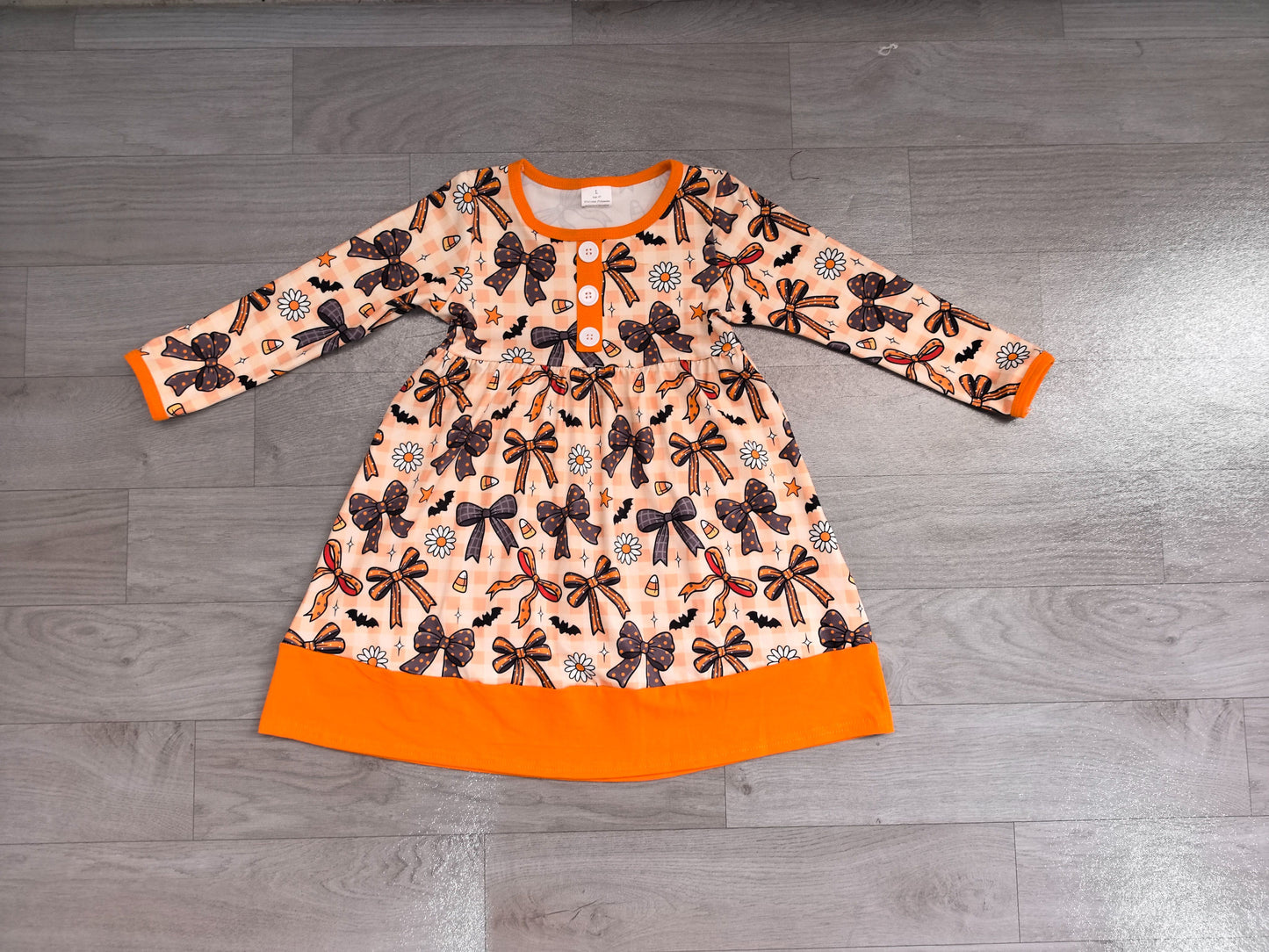 ( No moq ) Preorder Baby Girls Kids Bows Candy Corn Plaid Halloween Knee Length Dress