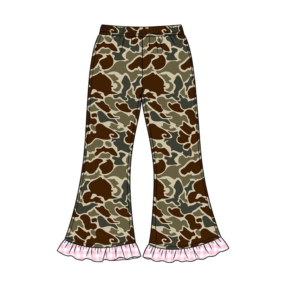( Moq 5 ) Preorder Baby Girls Toddler Plaid Ruffle Bell Bottoms Pants Camo Clothes