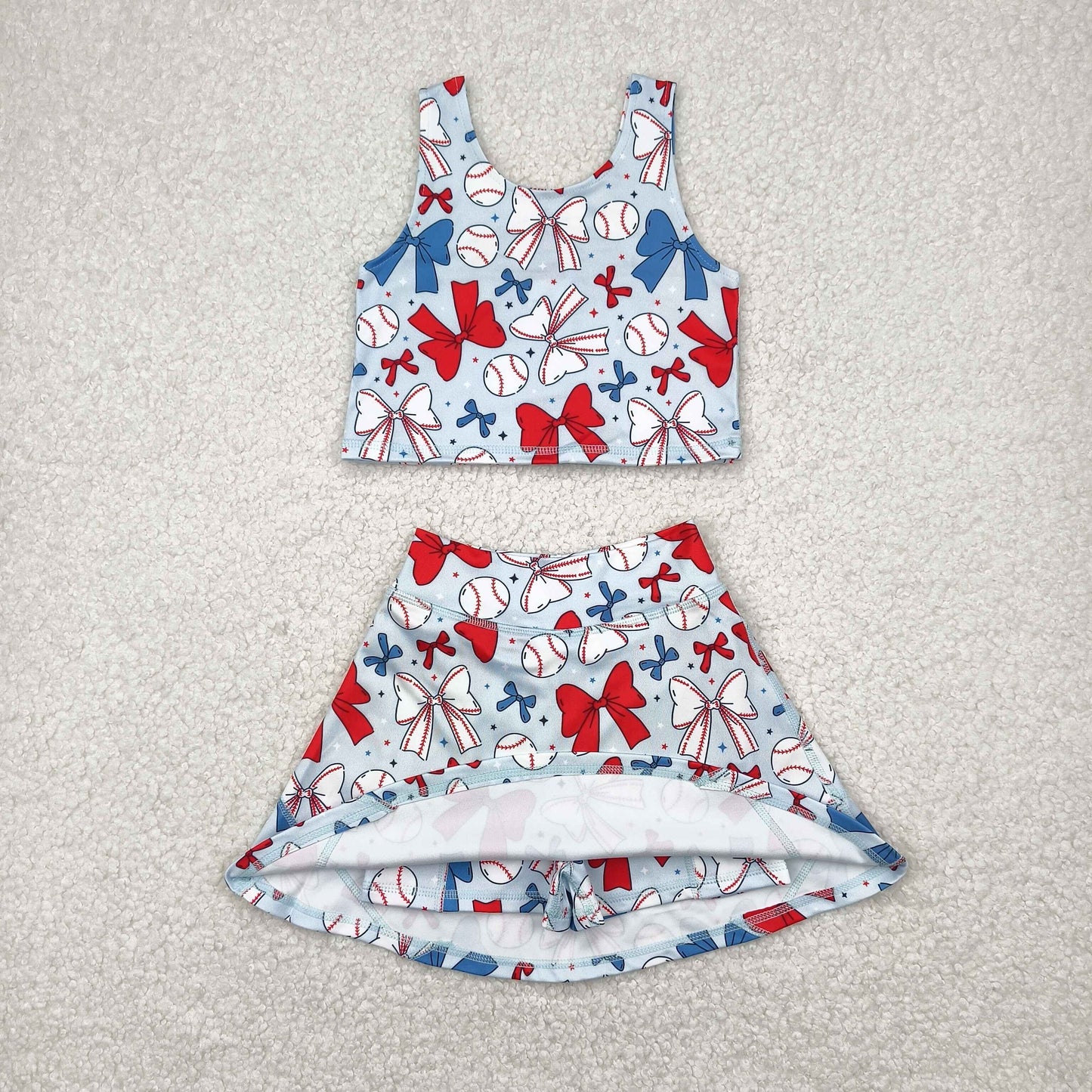 Baby Girl Sleeveless 4th Of July Baseball Bows Sibling Yoga Active Skort Dress Set RTS
