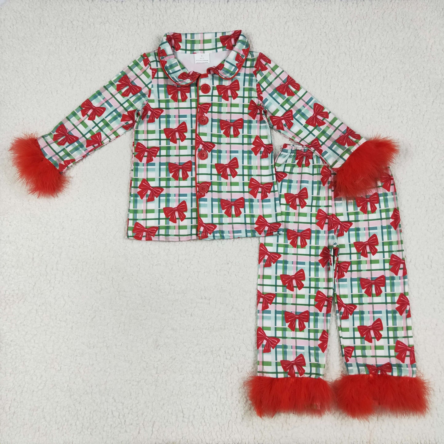 Baby Girl Red Fur Long Sleeves Bows Plaid Buttons Shirt Pants Pajamas Christmas Set RTS